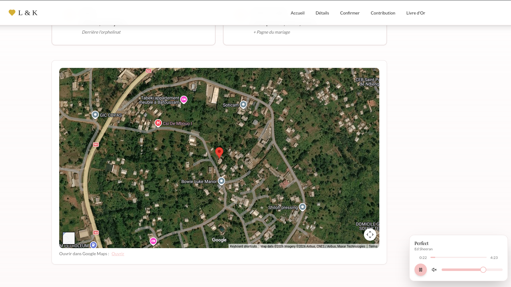 Capture d'écran de la vue invité avec géolocalisation interactive de la salle de mariage
