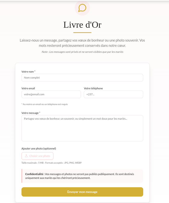 Capture d'écran du livre d'or digital avec messages et photos des invités